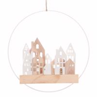 Závesná LED dekorácia Domčeky v kruhu biela, pr. 28 cm