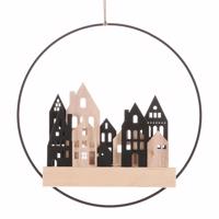 Závesná LED dekorácia Domčeky v kruhu čierna, pr. 28 cm
